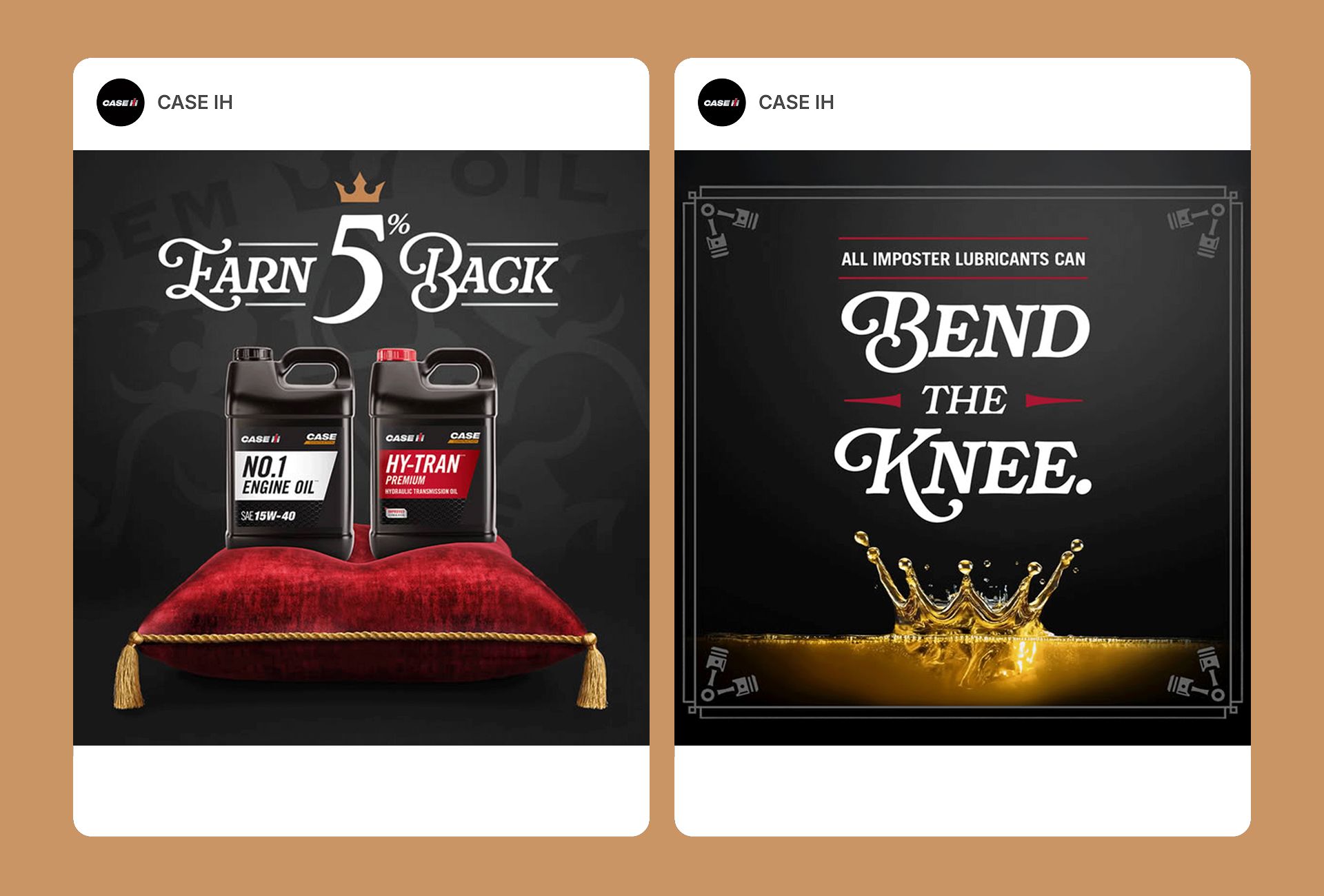 Side-by-side social media ads: one for 'Earn 5% Back' with oil containers on a pillow, the other with 'Bend the Knee.' and a golden crown in oil.