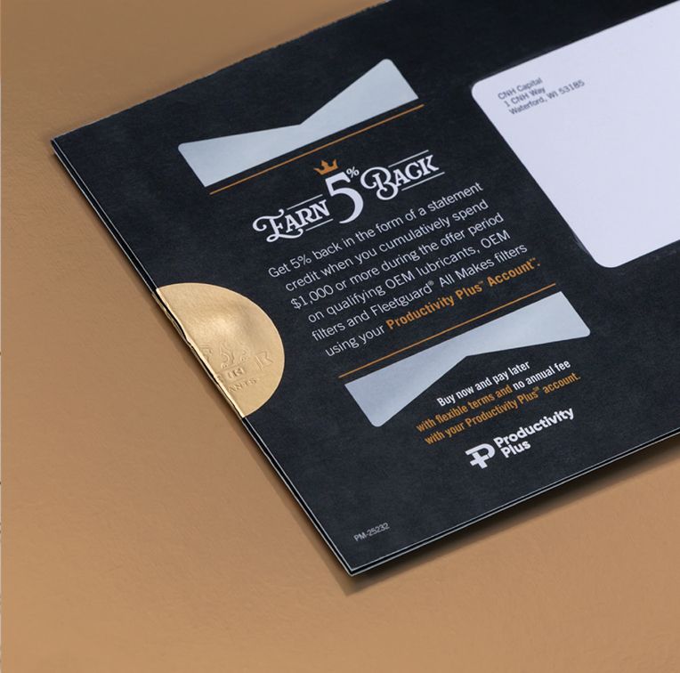 Promotional flyer for 'Earn 5% Back' with CNH Capital, detailing discounts and showing CNH Capital logo.