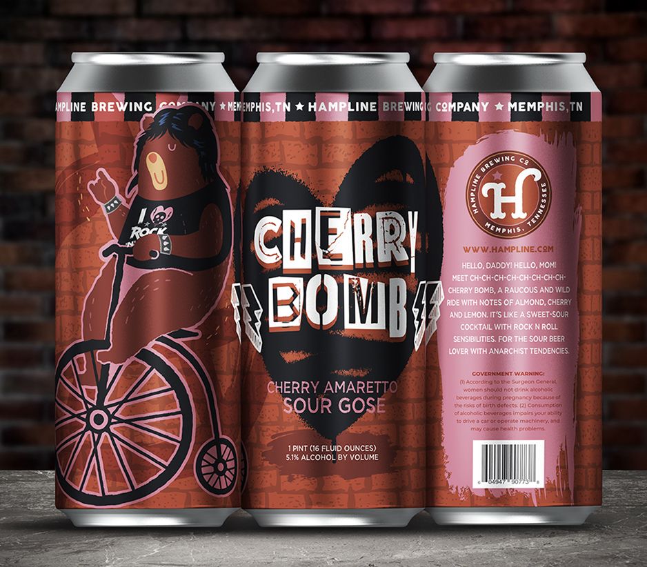 Hampline Brewing Co. 'Cherry Bomb' beer can featuring a rock-and-roll bear on a unicycle.