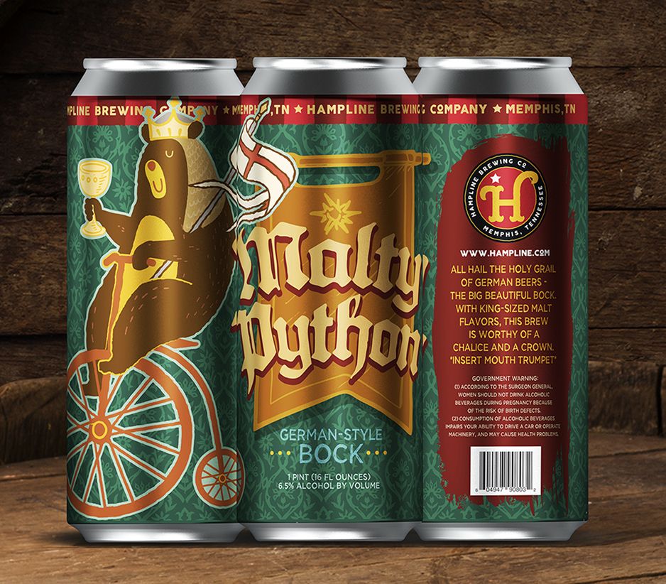 Hampline Brewing Co. 'Malty Python' beer can featuring a knight bear on a unicycle.