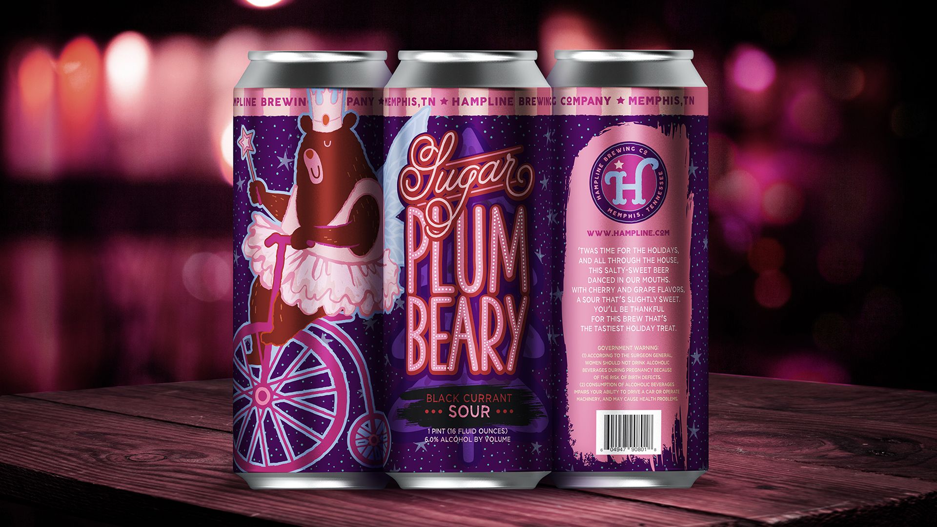 Hampline Brewing Co. 'Sugar Plum Beary' beer can featuring a ballerina bear on a unicycle.
